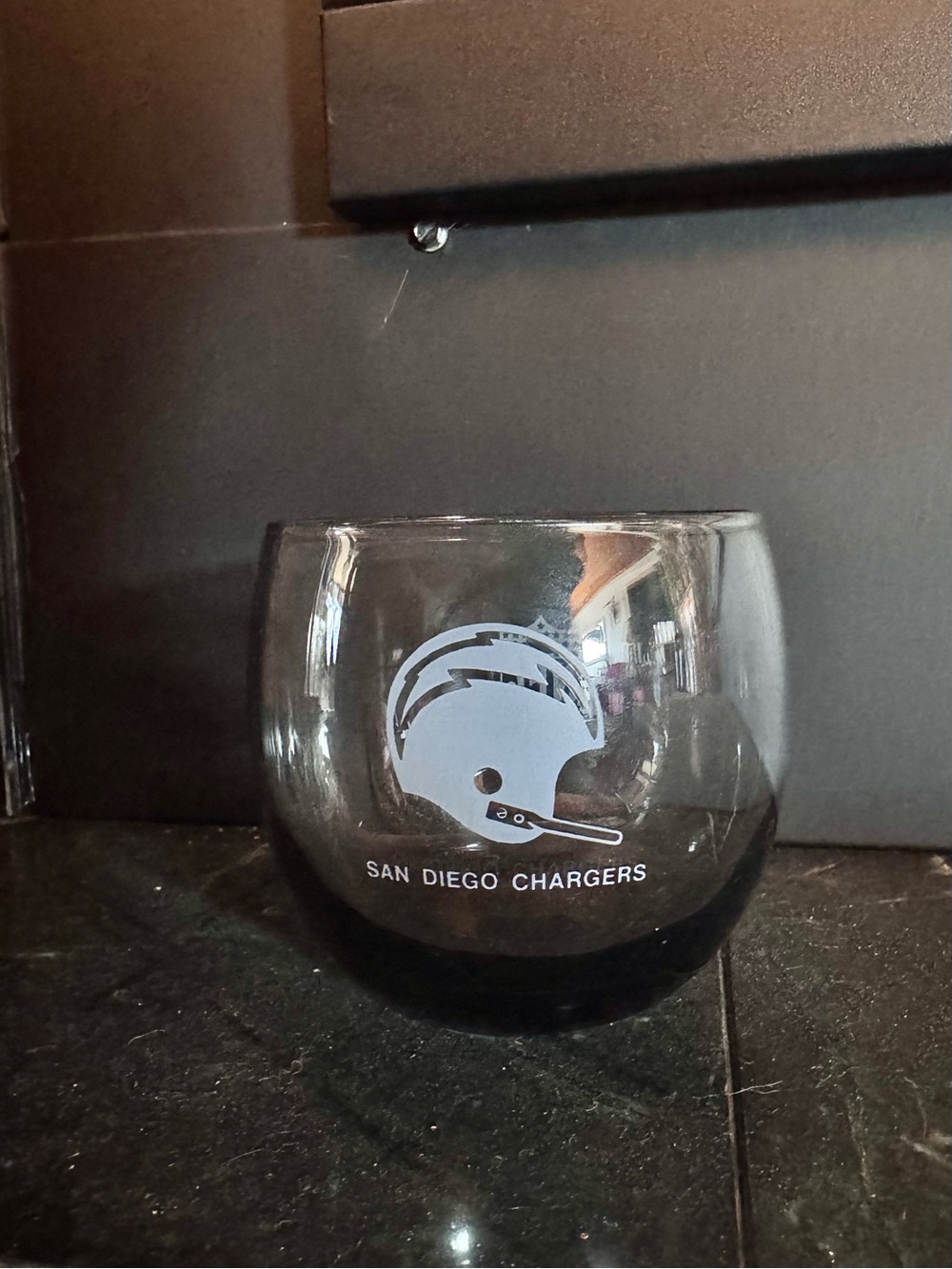 Vintage 1970s San Diego Chargers Roly Poly Rocks Glass with Smokey Gray Base
